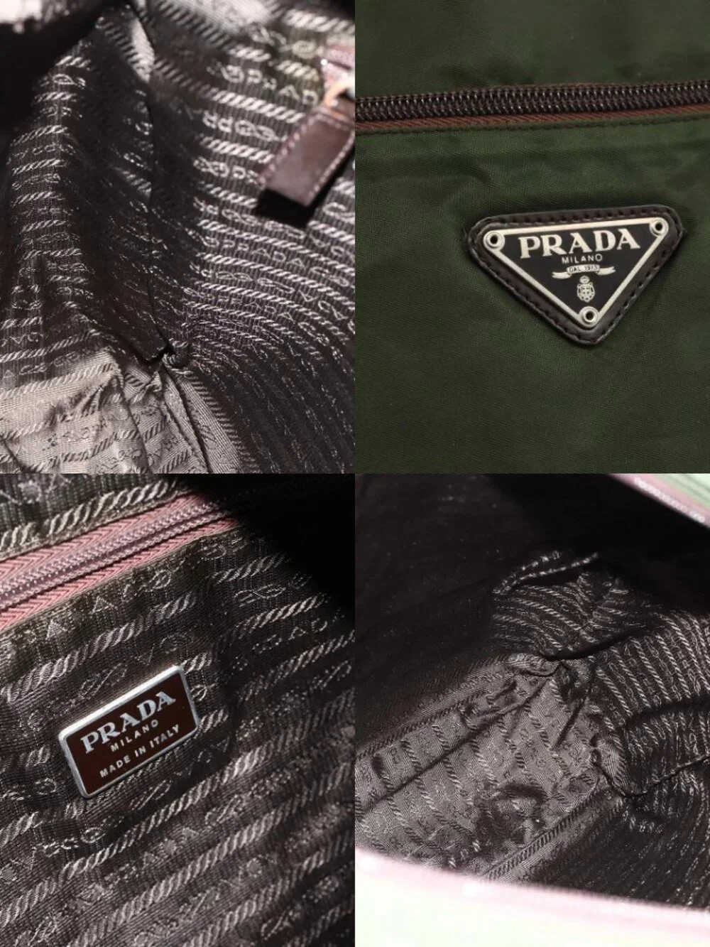 PRADA Tote Bag Nylon Khaki Silver Auth YKZ1160